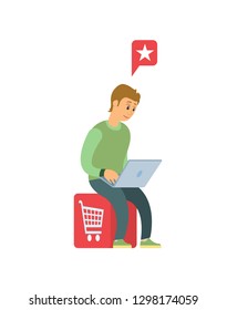 Man with laptop doing shopping in Internet isolated cartoon person. Vector buyer making bookmarks on web pages, sitting on chair with shopping cart image