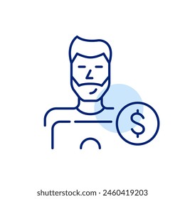 Man at laptop with dollar sign. Investment and wealth management. Pixel perfect vector icon