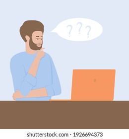 A man at a laptop in doubt about making a decision. Pensive concept. Determination of the correct direction for solving the problems of dilemmas of situations. Flat vector illustration.