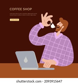 A man with a laptop is drinking coffee. Homepage website layout design concept.