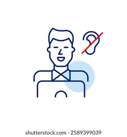 Man at laptop and ear crossed with red line. Accessibility for deaf or hard-of-hearing individuals in digital workspaces. Productive noise free working environment. Pixel perfect, editable stroke vect