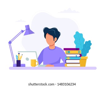 Man with laptop, education or working concept. Table with books, lamp, coffee cup. Vector illustration in flat style