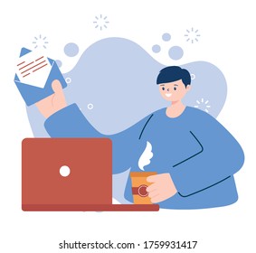 Hombre con diseño de laptop y sobre, tecnología digital y tema de comunicación Ilustración vectorial