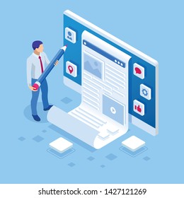 Man and laptop with fashion blogger site. Isometric freelancing, creative blogging, commercial blog posting, copywriting, content marketing strategy.