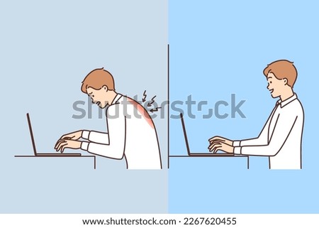 Man with laptop feels pain in back and for incorrect posture or uncomfortable workplace. Guy with computer smiles after getting rid of pain in spine and discomfort for posture