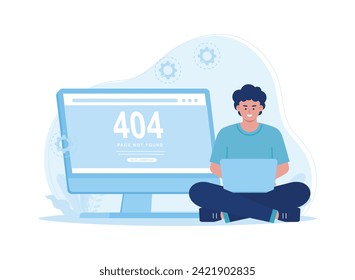 man with laptop fixing website error trending concept flat illustration