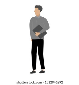 Man with laptop. Flat cartoon character isolated on white background