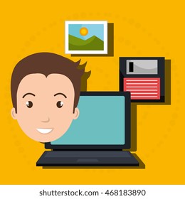 man laptop floppy folder vector illustration graphic