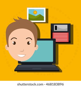 man laptop floppy folder vector illustration graphic