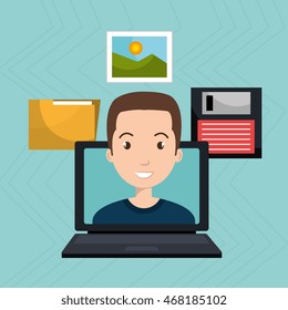 man laptop floppy folder vector illustration graphic