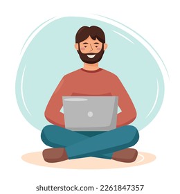 Man with laptop. Freelance, online work, online education, technology concept.