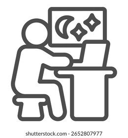 Man with laptop in front of night sky window line icon, financial tech concept. Vector graphics. Freelancer man at work sign on white background, outline style icon for mobile or web design