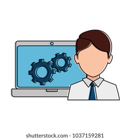 man with laptop and gears