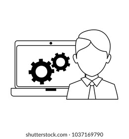 man with laptop and gears