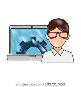 man with laptop and gears