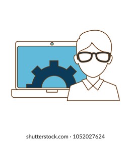 man with laptop and gears