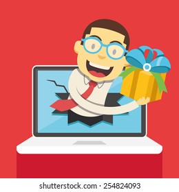 Man from laptop giving yellow gift box with blue festive bow and green ribbons Vector illustration. Creative concept. Awesome flat style graphic design. Isolated on red background.