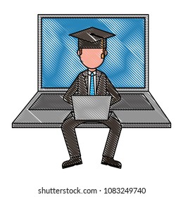 man with laptop with graduation hat character