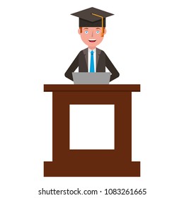 man with laptop and graduation hat in podium