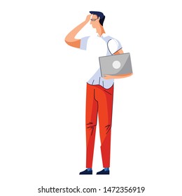 Man with laptop in hand stands and holds his hand to head, depression, stress or fatigue concept vector cartoon illustration isolated on white background.