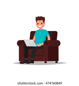 Man with the laptop in hands sitting in a chair. Freelancer works. Vector illustration of a flat design