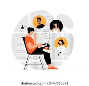Un hombre con un portátil puede mantener una videoconferencia con colegas, clientes o amigos. Reunión en línea, conferencia por Web, llamada virtual. Ilustración con escena de personas en diseño plano para Sitio web y desarrollo móvil