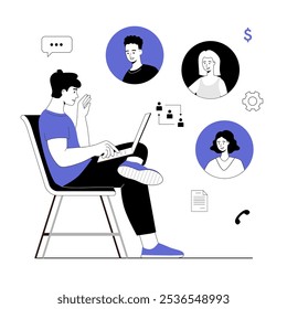 Man with laptop have videoconference with colleagues, clients or friends. Online meeting, web conferencing, virtual call. Vector illustration with line people for web design.	
