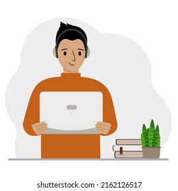 Man with laptop and headphones. Working from home, student, freelancer, assistant, blogger or businessman. Home office concept. Vector flat illustration