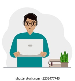 Man with laptop and headphones. Working from home, student, freelancer, assistant, blogger or businessman. Home office concept. Vector flat illustration