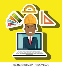 man laptop helmet tools vector illustration graphic