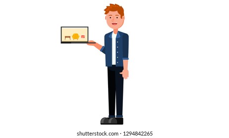 man with laptop in his hand isolated vector illustration