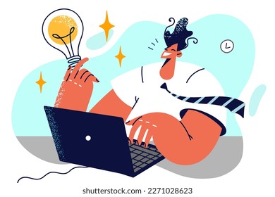 Man with laptop holds giant light bulb symbolizing innovative idea for business development. Happy businessman sitting at table with computer coming up with ideas for advertising own company