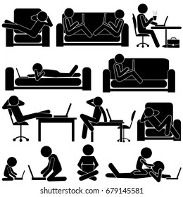 Man with Laptop at Home. Freelancer Working from Home Episodes. Stick Figure Pictogram Icon