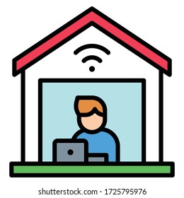 Man with laptop in house, Work from home vector