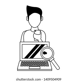 man with laptop icon cartoon vector illustration graphic design black and white