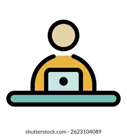 Man and laptop icon. Outline man and laptop vector icon color flat isolated