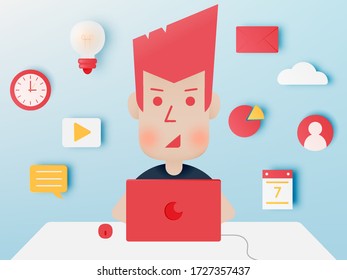Man and laptop and icon for work from home  in paper art style with pastel color scheme background vector illustration