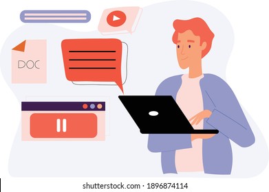 Hombre con portátil, iconos de documentos, video y mensaje. Ilustración de diseño plano. Vector