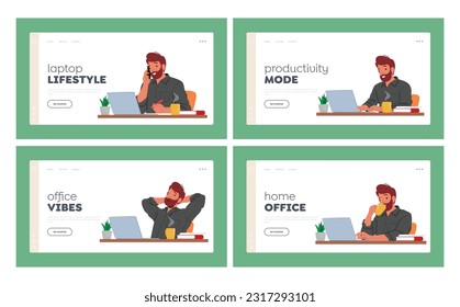 Man with Laptop Landing Page Template Set. Male Character Works On Notebook Displaying Focus, Frustration, Joy, Determination And Contemplation Throughout His Tasks. Cartoon People Vector Illustration