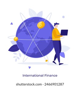 Man with laptop leaning onto Earth globe with coins orbits. International finance concept flat vector illustration. User making money transactions on internet cartoon character color composition