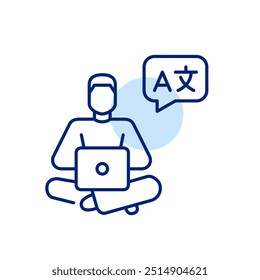 Man at laptop learning foreign languages. Pixel perfect, editable stroke icon