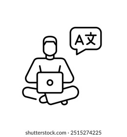 Man at laptop learning foreign languages. Pixel perfect vector icon