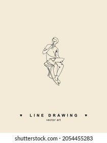 Man with laptop line drawing. Continuous line drawing of guy sitting with laptop. Coffee to go. A man sits in a cafe and drinks coffee. Young man. Vector line drawing.