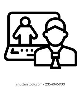 Man and laptop line icon, business conversation concept, online consultation vector sign on white background, video communication specialist icon outline style. Vector graphics.