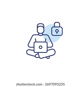 Man at laptop and lock. Secure access, data protection and cybersecurity awareness. Pixel perfect, editable stroke vector icon