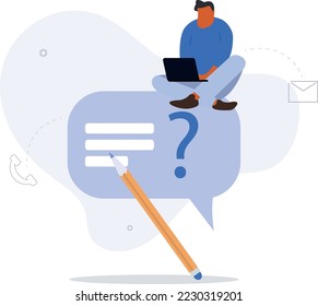 man with a laptop is looking for answer to question online.Flat vector illustration.