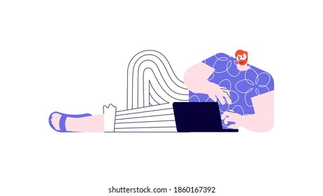 Man with laptop lying on the floor. Stylized Freelance or studying remotely. Flat Art Vector Illustration.