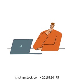 Man with laptop. Male person vector concept pictures in flat style. Concept of home office. Portrait of a man with computer. Online business conference. Remote work