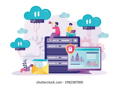 Man with laptop manages files and data in server. Worker with spyglass looking for errors in cloud server. User configure database. Concept of customization and cloud computing. Vector illustration