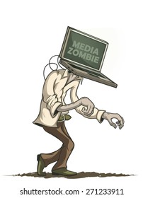 Man with laptop media zombies instead of the head. Isolated
